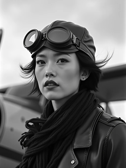 black and white 35mm film of model as a 1920s silent film if(gender=f){pilot wearing leather aviator cap and goggles, dramatic wind-blown scarf, triumphant expression} if(gender=m){aviator wearing leather flight jacket and goggles, dramatic wind-blown scarf, triumphant expression}, airplane propeller visible in frame, high-contrast black and white, cloudy sky backdrop