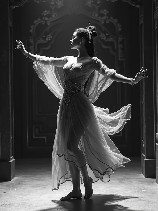 black and white 35mm film of model as a 1920s silent film if(gender=f){dancer in an exotic costume, performing an interpretive dance, exaggerated graceful pose} if(gender=m){exotic prince in ornate costume, performing a ceremonial dance, exaggerated graceful pose}, theatrical lighting, black and white with vintage film scratches, elaborate temple set design
