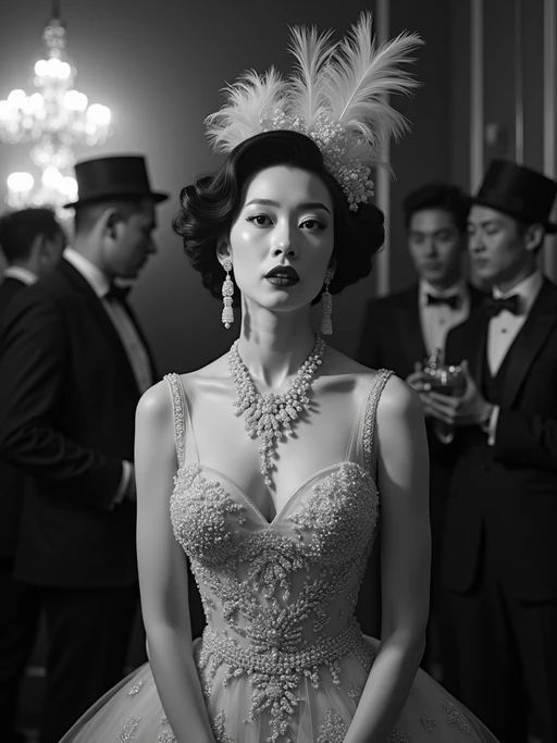black and white 35mm film of model as a 1920s silent film if(gender=f){society lady at a grand ball, wearing an elaborate beaded gown with feather headpiece, exaggerated haughty expression} if(gender=m){gentleman at a grand ball, wearing a white tie formal suit with top hat, exaggerated haughty expression}, theatrical pose, black and white with iris vignette effect, ballroom setting