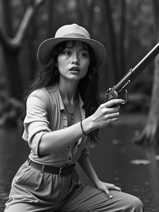 black and white 35mm film of model as a 1920s silent film if(gender=f){adventuress in the style of early serials, wearing a safari outfit with jodhpurs, dramatic surprised expression} if(gender=m){explorer in the style of early serials, wearing khaki explorer clothes with pith helmet, dramatic surprised expression}, action pose, high-contrast black and white, jungle set with prop dangers
