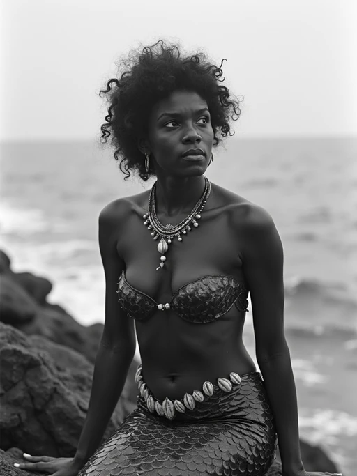 black and white 35mm film of model as a 1920s silent film if(gender=f){mermaid on rocky shore, wearing scaled costume with shell accessories, melancholic expression gazing at sea} if(gender=m){shipwrecked sailor on rocky shore, wearing tattered uniform, melancholic expression gazing at sea}, theatrical waves, black and white with dreamy soft focus, fantasy ocean backdrop