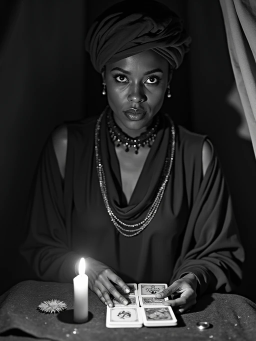black and white 35mm film of model as a 1920s silent film if(gender=f){medium reading tarot cards, wearing mystical robes with turban, intense hypnotic stare} if(gender=m){mystic performing a séance, wearing ornate robes with amulet, intense hypnotic stare}, candles creating dramatic shadows, black and white with smoky vignette effect, fortune teller's tent setting