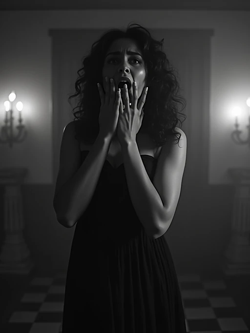 black and white 35mm film of model as a 1920s silent horror film if(gender=f){scream queen, wearing a flowing nightgown, dramatically terrified expression with hand to face} if(gender=m){frightened protagonist, wearing pajamas and robe, dramatically terrified expression with hand to face}, harsh shadows, high-contrast black and white, gothic mansion set with fog effects