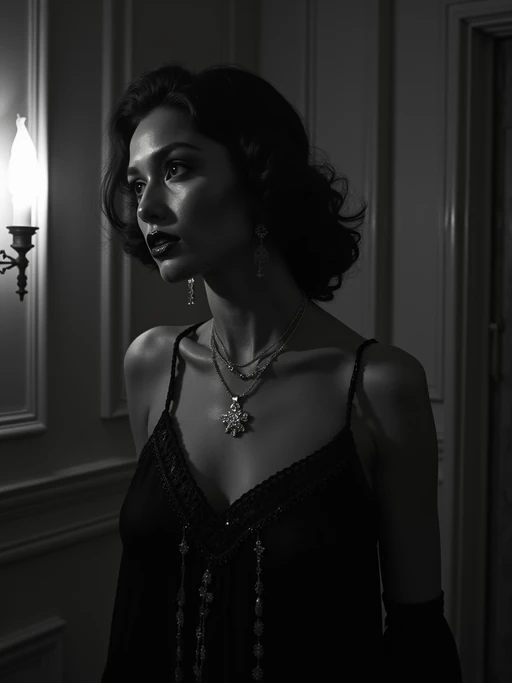 black and white 35mm film of model as a 1920s silent film if(gender=f){vamp with dramatic side lighting, wearing a glamorous 1920s evening gown, theatrical menacing expression} if(gender=m){villain with dramatic side lighting, wearing a dark suit with slicked-back hair, theatrical menacing expression}, high-contrast shadows, black and white with silent era film grain, ornate vintage setting