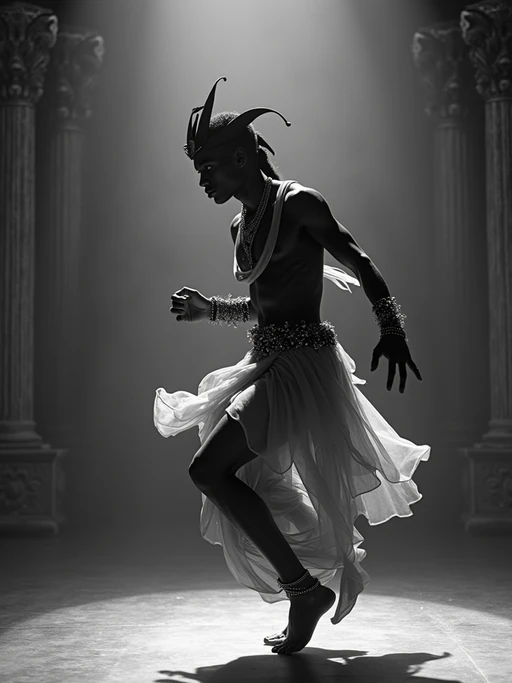 black and white 35mm film of model as a 1920s silent film if(gender=f){dancer in an exotic costume, performing an interpretive dance, exaggerated graceful pose} if(gender=m){exotic prince in ornate costume, performing a ceremonial dance, exaggerated graceful pose}, theatrical lighting, black and white with vintage film scratches, elaborate temple set design