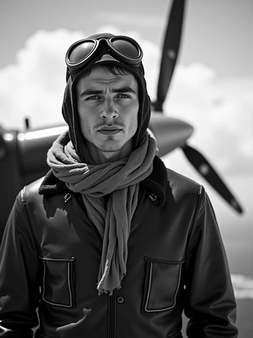 black and white 35mm film of model as a 1920s silent film if(gender=f){pilot wearing leather aviator cap and goggles, dramatic wind-blown scarf, triumphant expression} if(gender=m){aviator wearing leather flight jacket and goggles, dramatic wind-blown scarf, triumphant expression}, airplane propeller visible in frame, high-contrast black and white, cloudy sky backdrop