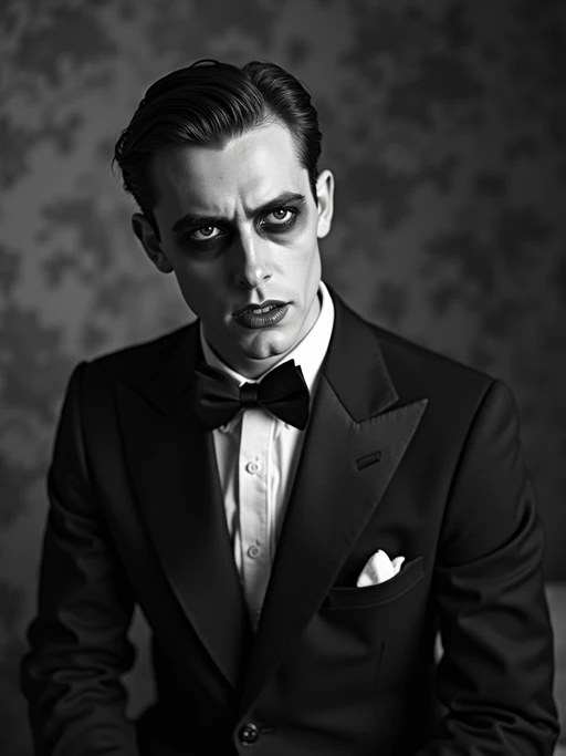 black and white 35mm film of model as a 1920s silent film if(gender=f){starlet with exaggerated dramatic expression, wearing a flapper dress with beaded details, dramatic makeup with dark lips and defined eyes} if(gender=m){leading man with exaggerated dramatic expression, wearing a formal suit with bow tie, dramatic makeup with pale face and darkened eyes}, high-contrast black and white photography, vintage film grain, art deco set design