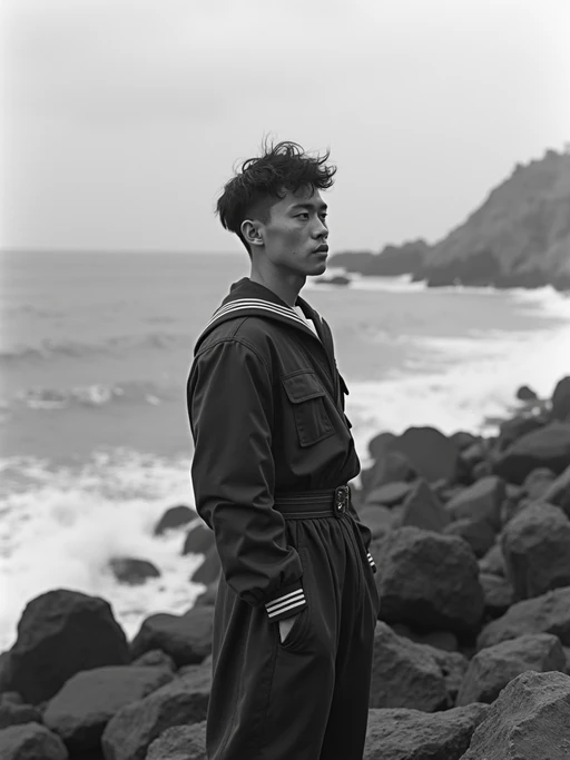 black and white 35mm film of model as a 1920s silent film if(gender=f){mermaid on rocky shore, wearing scaled costume with shell accessories, melancholic expression gazing at sea} if(gender=m){shipwrecked sailor on rocky shore, wearing tattered uniform, melancholic expression gazing at sea}, theatrical waves, black and white with dreamy soft focus, fantasy ocean backdrop