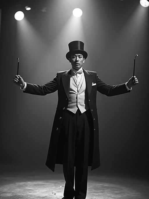 black and white 35mm film of model as a 1920s silent film if(gender=f){circus performer in sequined leotard, balanced on tightrope, exaggerated expression of concentration} if(gender=m){ringmaster in top hat and tails, directing with baton, exaggerated expression of showmanship}, dramatic spotlight, black and white with vintage film texture, big top circus setting