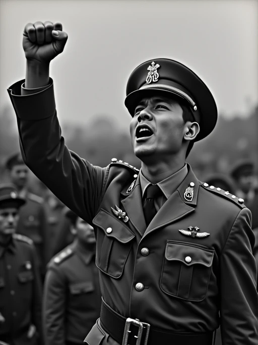 black and white 35mm film of model as a 1920s silent film if(gender=f){revolutionary leader addressing a crowd, wearing a military-inspired outfit with cap, passionate expression with raised fist} if(gender=m){revolutionary leader addressing a crowd, wearing a military uniform with cap, passionate expression with raised fist}, dramatic low angle shot, black and white with vintage film grain, propaganda poster aesthetic