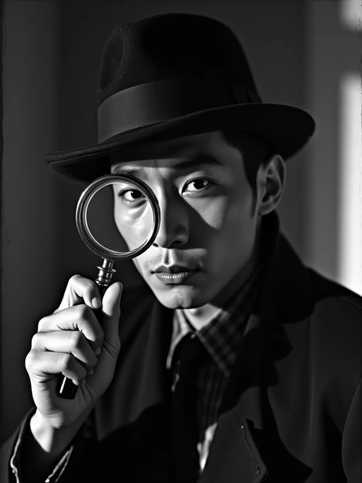 black and white 35mm film of model as a 1920s silent film if(gender=f){detective with magnifying glass, wearing a tailored suit with feminine details, exaggerated suspicious expression} if(gender=m){sleuth with magnifying glass, wearing a deerstalker hat and cape, exaggerated suspicious expression}, dramatic shadows, black and white with film scratches, mysterious crime scene setting