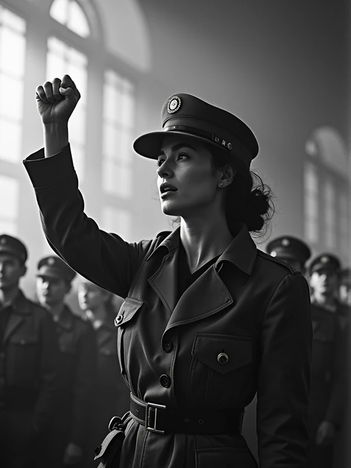 black and white 35mm film of model as a 1920s silent film if(gender=f){revolutionary leader addressing a crowd, wearing a military-inspired outfit with cap, passionate expression with raised fist} if(gender=m){revolutionary leader addressing a crowd, wearing a military uniform with cap, passionate expression with raised fist}, dramatic low angle shot, black and white with vintage film grain, propaganda poster aesthetic
