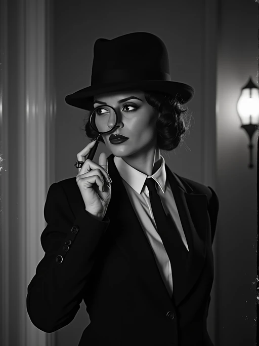 black and white 35mm film of model as a 1920s silent film if(gender=f){detective with magnifying glass, wearing a tailored suit with feminine details, exaggerated suspicious expression} if(gender=m){sleuth with magnifying glass, wearing a deerstalker hat and cape, exaggerated suspicious expression}, dramatic shadows, black and white with film scratches, mysterious crime scene setting