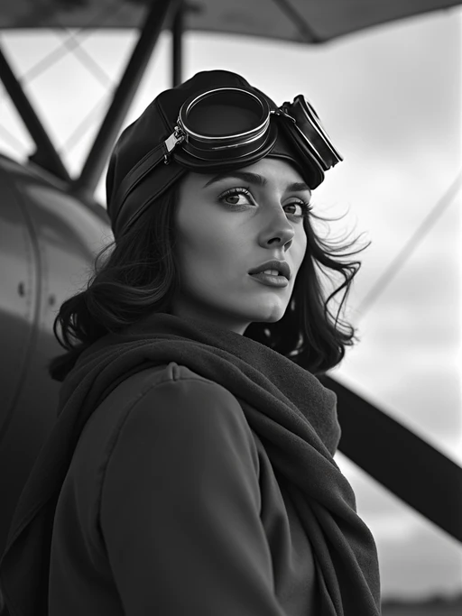 black and white 35mm film of model as a 1920s silent film if(gender=f){pilot wearing leather aviator cap and goggles, dramatic wind-blown scarf, triumphant expression} if(gender=m){aviator wearing leather flight jacket and goggles, dramatic wind-blown scarf, triumphant expression}, airplane propeller visible in frame, high-contrast black and white, cloudy sky backdrop