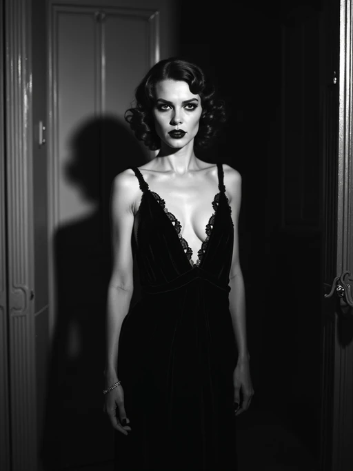 black and white 35mm film of model as a 1920s silent film if(gender=f){vamp with dramatic side lighting, wearing a glamorous 1920s evening gown, theatrical menacing expression} if(gender=m){villain with dramatic side lighting, wearing a dark suit with slicked-back hair, theatrical menacing expression}, high-contrast shadows, black and white with silent era film grain, ornate vintage setting