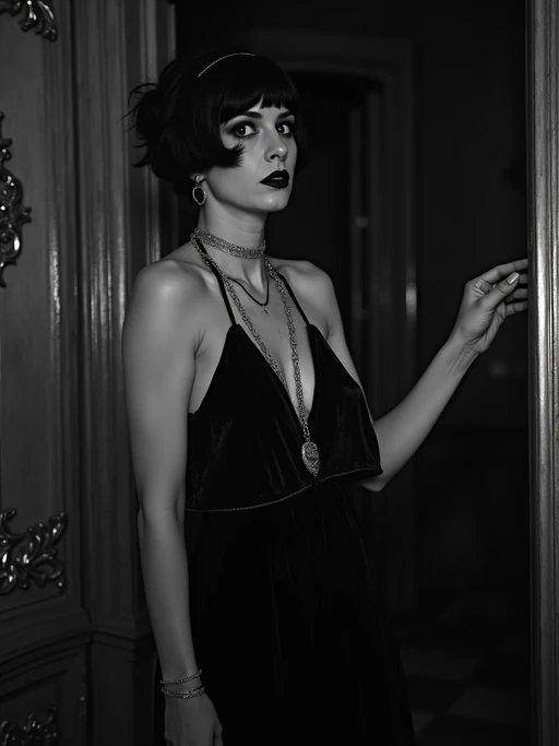 black and white 35mm film of model as a 1920s silent film if(gender=f){vamp with dramatic side lighting, wearing a glamorous 1920s evening gown, theatrical menacing expression} if(gender=m){villain with dramatic side lighting, wearing a dark suit with slicked-back hair, theatrical menacing expression}, high-contrast shadows, black and white with silent era film grain, ornate vintage setting