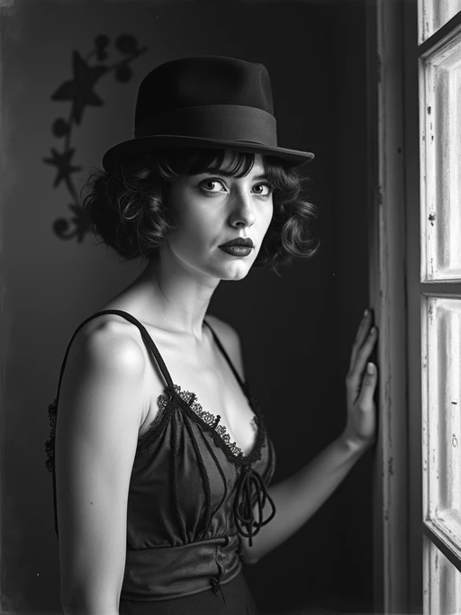 black and white 35mm film of model as a 1920s silent comedy if(gender=f){actress in the style of Charlie Chaplin, wearing a modified feminine version of the Tramp costume, exaggerated comedic expression} if(gender=m){actor in the style of Charlie Chaplin, wearing the iconic bowler hat and baggy suit, exaggerated comedic expression}, slapstick pose, black and white with scratchy film texture, vintage movie set