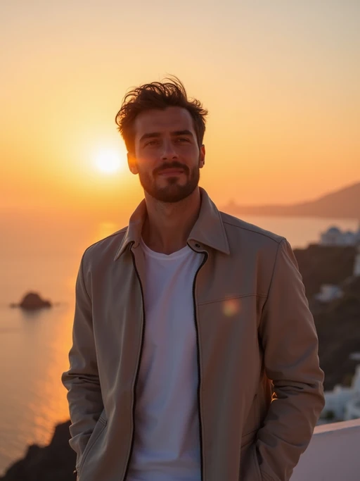 model watching sunset in Imerovigli, wearing if(gender=f){a glamorous evening outfit with flowing elements} if(gender=m){smart casual attire with light jacket}, famous Santorini sunset colors