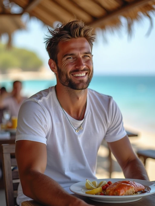 model at a beachside taverna in Kamari, wearing if(gender=f){a light beach dress with sandals} if(gender=m){casual shorts with a fitted t-shirt}, fresh Greek seafood and ocean views