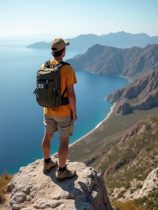 model at Skaros Rock viewpoint, wearing if(gender=f){an adventurous hiking outfit with hat} if(gender=m){comfortable hiking clothes with cap}, breathtaking 360-degree island views