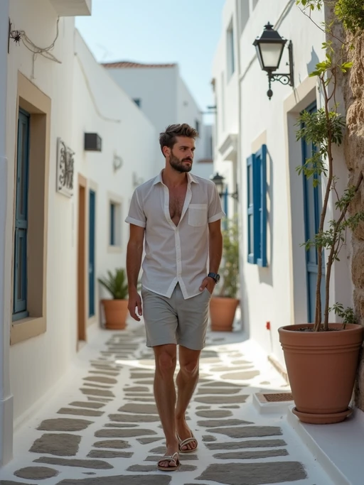 model exploring narrow streets of Pyrgos village, wearing if(gender=f){a bohemian summer outfit with sandals} if(gender=m){casual shorts with a light shirt}, traditional Greek architecture