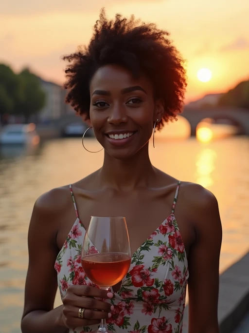 model at Seine River during sunset, wearing if(gender=f){a elegant summer dress with floral pattern} if(gender=m){a summer festival outfit}, holding a glass of wine