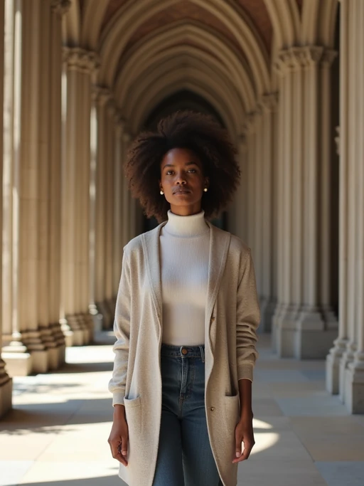 model at Notre-Dame Cathedral, wearing if(gender=f){a respectful modest outfit with light cardigan} if(gender=m){neat chinos with a collared shirt}, walking through historic architecture