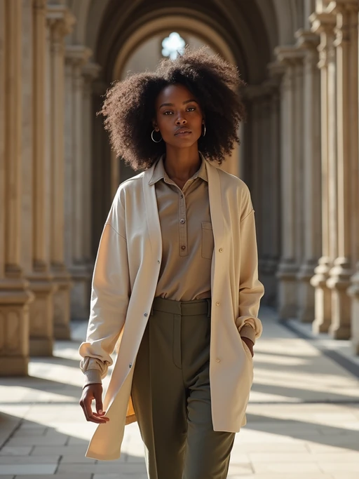 model at Notre-Dame Cathedral, wearing if(gender=f){a respectful modest outfit with light cardigan} if(gender=m){neat chinos with a collared shirt}, walking through historic architecture