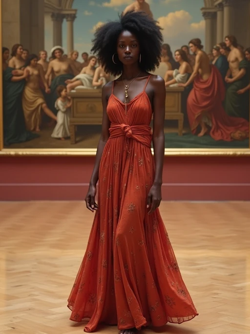 model at Louvre Museum, wearing if(gender=f){a flowing maxi dress} if(gender=m){dark jeans with a minimalist t-shirt}, surrounded by art masterpieces