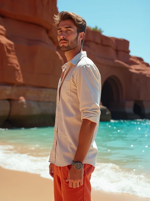 model at Red Beach, wearing if(gender=f){a colorful beach outfit with sunglasses} if(gender=m){beach shorts with a light cotton shirt}, dramatic red cliffs and crystal clear waters