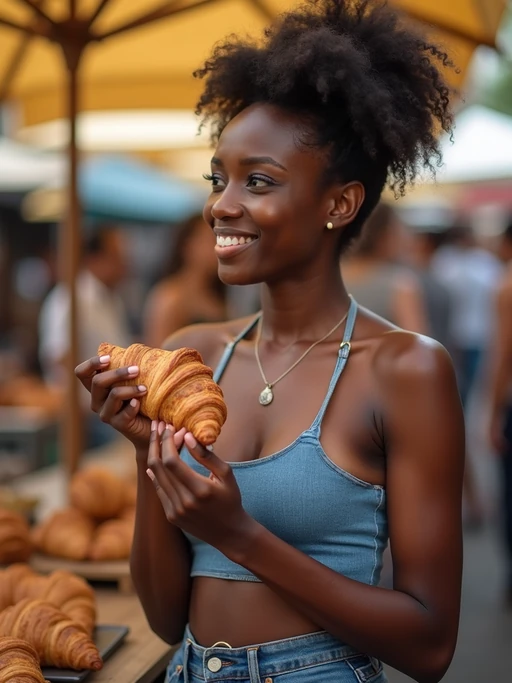 model enjoying street food at a Parisian market, wearing if(gender=f){denim shorts and a crop top} if(gender=m){cargo shorts and a polo shirt}, holding a croissant