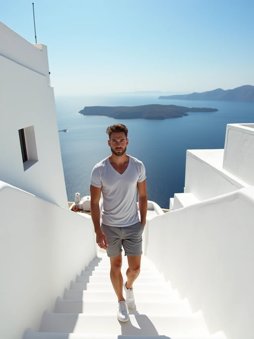 model walking down the white steps of Fira, wearing if(gender=f){a breezy summer dress with sandals} if(gender=m){casual shorts with a fitted t-shirt}, whitewashed buildings and blue sea views