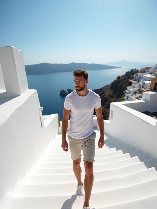 model walking down the white steps of Fira, wearing if(gender=f){a breezy summer dress with sandals} if(gender=m){casual shorts with a fitted t-shirt}, whitewashed buildings and blue sea views