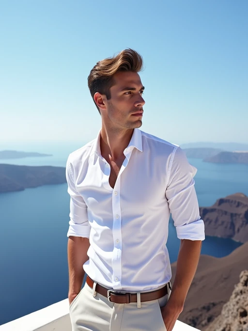 model at Santorini caldera viewpoint, wearing if(gender=f){an elegant blue sundress with straw hat} if(gender=m){a crisp white shirt with light pants}, panoramic volcanic views and clear blue skies