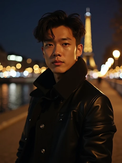 model on Pont Alexandre III at night, wearing if(gender=f){a glamorous evening outfit} if(gender=m){a stylish dark outfit}, Seine River and city lights in background