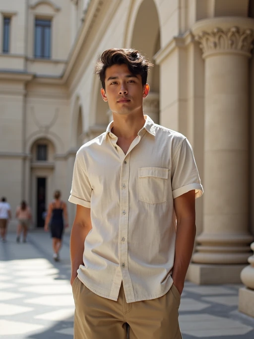model at Sacré-Cœur Basilica, wearing if(gender=f){a modest summer dress with light scarf} if(gender=m){khaki shorts with a linen button-up}, traditional architecture visible