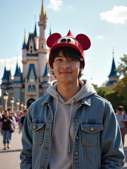 model at Disneyland Paris, wearing if(gender=f){Mickey ears with cute Disney-themed outfit} if(gender=m){casual Disney fan wear with character hat}, castle in background
