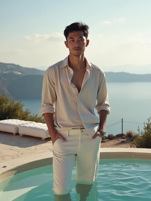 model at a boutique hotel terrace, wearing if(gender=f){a chic resort outfit with designer sunglasses} if(gender=m){linen pants with a light cotton shirt}, private jacuzzi and caldera panorama