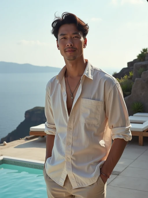 model at a boutique hotel terrace, wearing if(gender=f){a chic resort outfit with designer sunglasses} if(gender=m){linen pants with a light cotton shirt}, private jacuzzi and caldera panorama