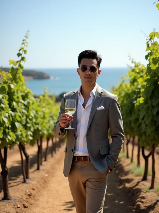model wine tasting at a Santorini vineyard, wearing if(gender=f){a sophisticated summer dress with sun hat} if(gender=m){smart casual outfit with sunglasses}, rows of grapevines with sea views