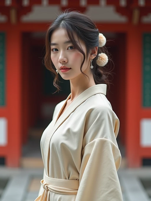 model at Asakusa temple, wearing if(gender=f){a modest summer dress with light scarf} if(gender=m){khaki shorts with a linen button-up}, traditional architecture visible