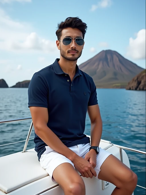 model on a luxury catamaran cruise, wearing if(gender=f){a nautical-inspired outfit with wide-brimmed hat} if(gender=m){white shorts with a navy blue polo}, sailing past volcanic islands