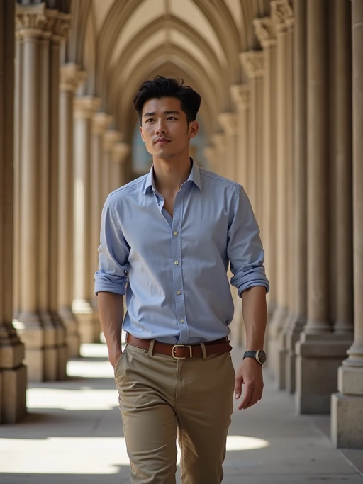 model at Notre-Dame Cathedral, wearing if(gender=f){a respectful modest outfit with light cardigan} if(gender=m){neat chinos with a collared shirt}, walking through historic architecture