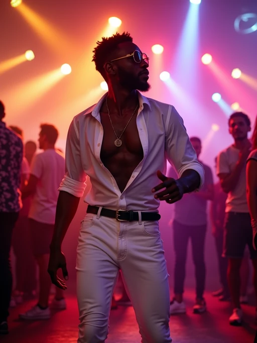 model dancing at an open-air club, wearing if(gender=f){a white sequined dress with strappy heels} if(gender=m){white jeans with a stylish fitted shirt}, DJ lights and vibrant atmosphere