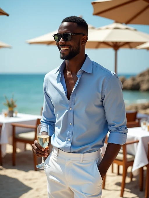 model at Nammos beach restaurant, wearing if(gender=f){an elegant white sundress with designer sunglasses} if(gender=m){white linen pants with a light blue shirt}, champagne glasses and Mediterranean cuisine