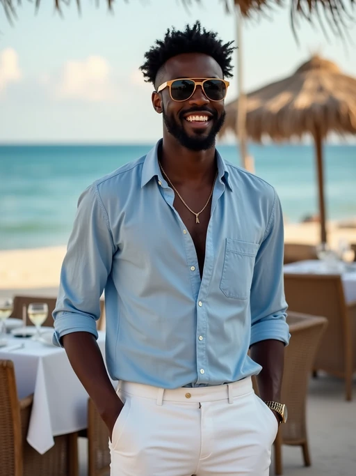 model at Nammos beach restaurant, wearing if(gender=f){an elegant white sundress with designer sunglasses} if(gender=m){white linen pants with a light blue shirt}, champagne glasses and Mediterranean cuisine