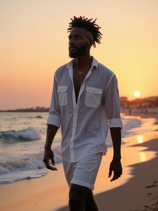 model walking along Ornos Beach at twilight, wearing if(gender=f){a white beach dress with silver accessories} if(gender=m){white shorts with a light cotton shirt}, warm evening atmosphere