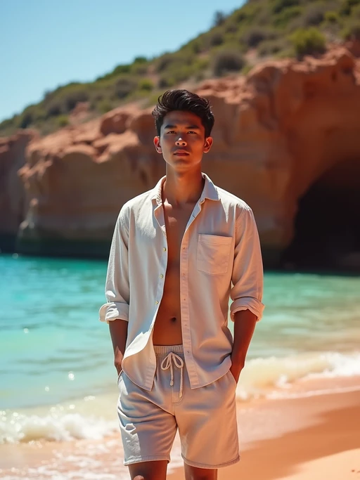 model at Red Beach, wearing if(gender=f){a colorful beach outfit with sunglasses} if(gender=m){beach shorts with a light cotton shirt}, dramatic red cliffs and crystal clear waters