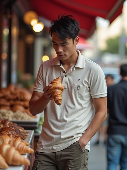 model enjoying street food at a Parisian market, wearing if(gender=f){denim shorts and a crop top} if(gender=m){cargo shorts and a polo shirt}, holding a croissant
