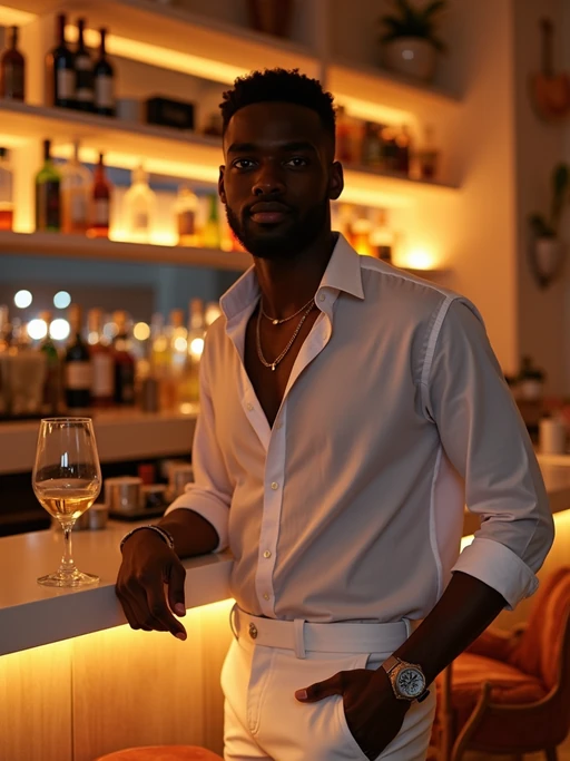 model in a Mykonos cocktail lounge, wearing if(gender=f){a sleek white mini dress with statement earrings} if(gender=m){white trousers with a light designer shirt}, ambient lighting and stylish decor